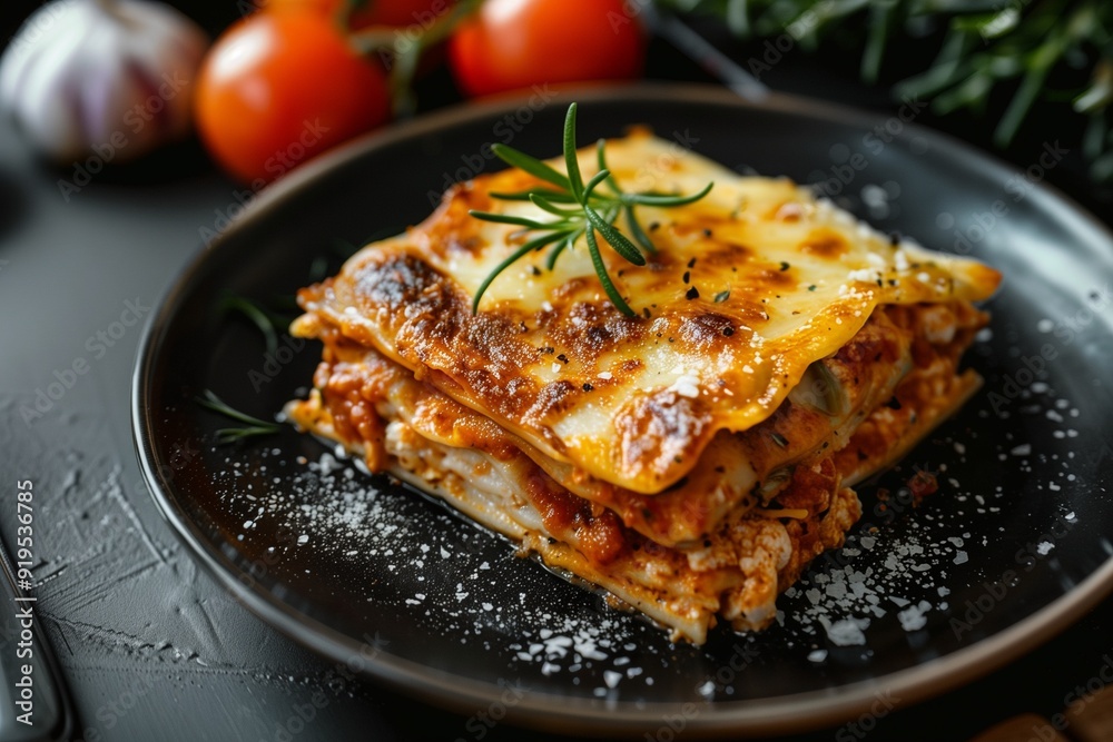 A mouthwatering lasagna with layers of pasta, sauce and cheese on an elegant black plate, garnished with fresh herbs. A mouthwatering lasagna with layers of pasta, sauce and cheese on an elegant black plate, garnished with fresh herbs.