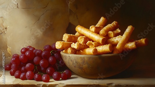 Still Life with Grapes and Crispy Bread Sticks