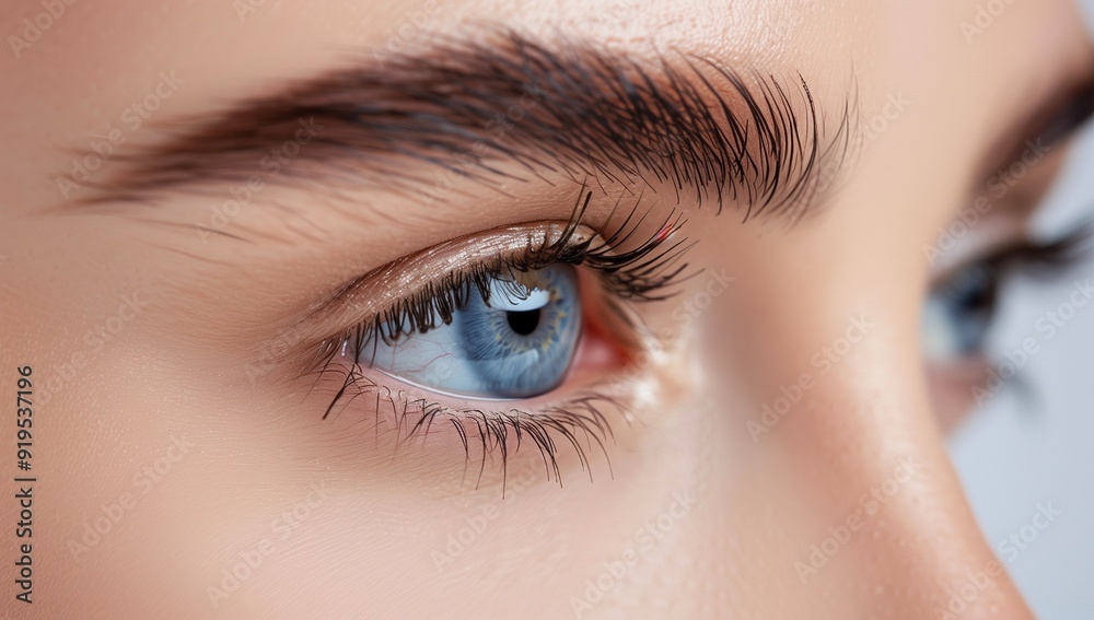 Obraz premium Close up of a beautiful woman's eye with long eyelashes, a macro shot of a female model looking at the camera and showing an amazing iris on a blue background