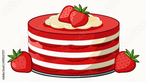 Red velvet cake with fresh strawberries. Festive layered cake from red sponge cakes and cream cheese frosting, American cuisine vector illustration photo