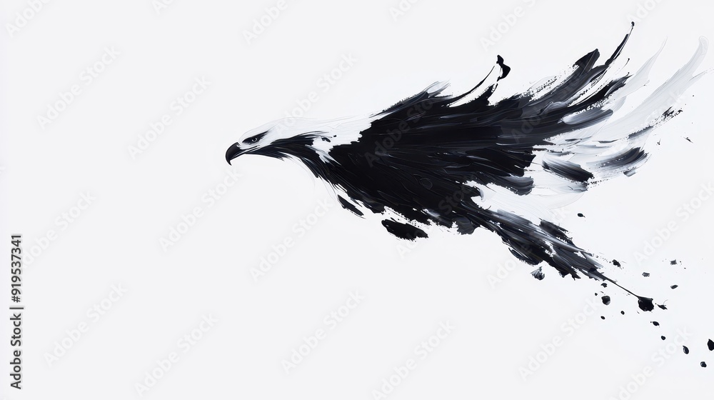 Majestic Eagle in Flight, a traditional Chinese ink brush painting showcasing the elegance and power of an eagle soaring against a pristine white backdrop. Majestic Eagle in Flight, a traditional Chinese ink brush painting showcasing the elegance and power of an eagle soaring against a pristine white backdrop.