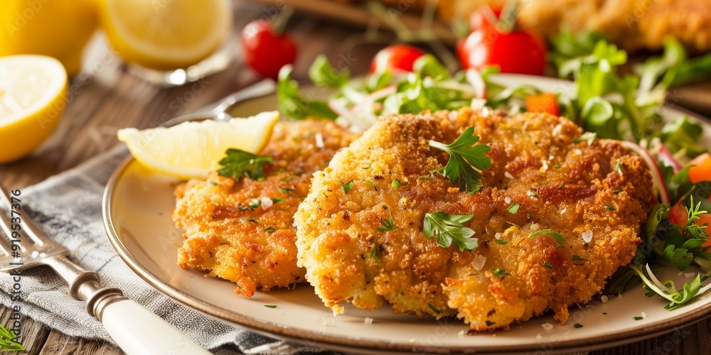 A photo of breaded chicken cutlets with lemon and salad, on an elegant plate. A photo of breaded chicken cutlets with lemon and salad, on an elegant plate.