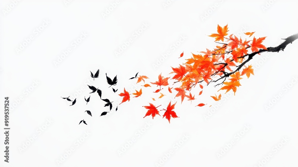 Falling Autumn Leaves, delicate Chinese ink brush strokes capturing the essence of seasonal change, isolated against a pure white backdrop, evoking tranquility and reflection. Falling Autumn Leaves, delicate Chinese ink brush strokes capturing the essence of seasonal change, isolated against a pure white backdrop, evoking tranquility and reflection.