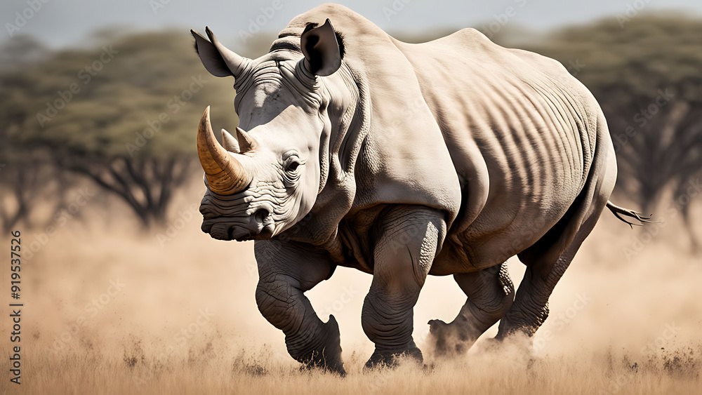 Fototapeta premium A powerful rhinoceros charge across the dusty plains of the savannah
