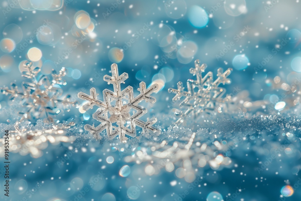 Beautiful snowflakes on blue background with bokeh effect, macro photography of winter landscape Beautiful snowflakes on blue background with bokeh effect, macro photography of winter landscape