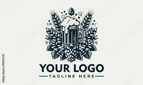 Vector logo beer mug with foam surrounded by hops. Beer mug filled with foam, encircled by fresh hops; ideal for brewery promotions, beer festival advertisements, and Oktoberfestthemed designs.