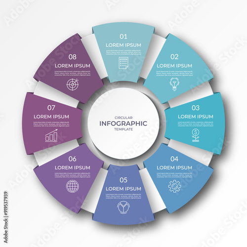 Infographic circular diagram with 8 options, parts. Eight-step process chart with colorful segments, applicable for data visualization, presentation, business infographics.