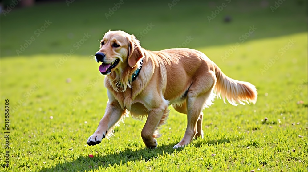 Golden Retriever Fetching Ball in Green Field Golden Retriever Fetching Ball in Green Field