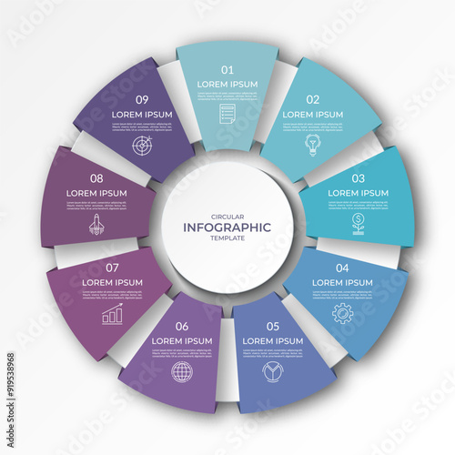Infographic circular diagram with 9 options, parts. Nine-step process chart with colorful segments, applicable for data visualization, presentation, business infographics.