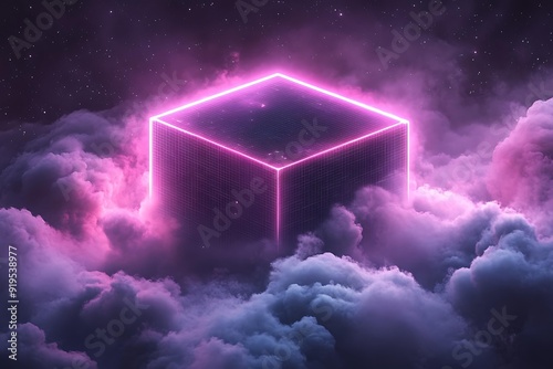 A glowing neon cube floating among clouds under a starry sky, evoking a futuristic and surreal ambiance, perfect for tech, sci-fi, and innovation themes, photo