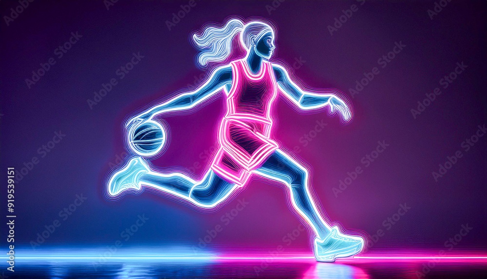Neon sign with the drawing of a basketball player bouncing the ball. Neon sign with the drawing of a basketball player bouncing the ball.