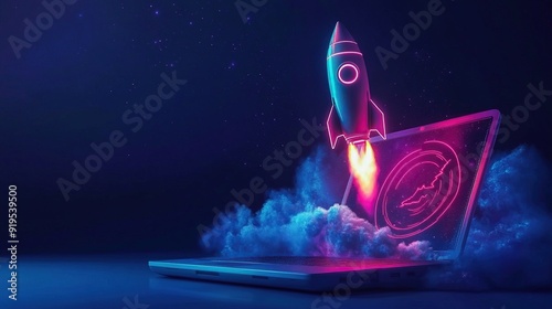 A neon pink and blue rocket taking off from a laptop computer with a starry background.