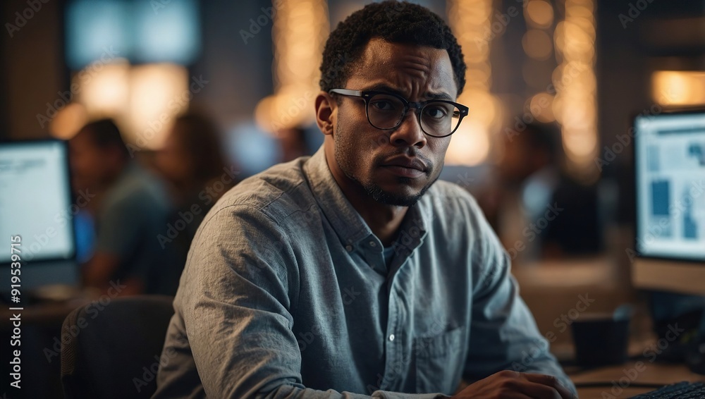 Pensive African American man in glasses distracted from computer work look in distance thinking or pondering, thoughtful biracial male lost in thoughts make plans visualizing, business vision concept Pensive African American man in glasses distracted from computer work look in distance thinking or pondering, thoughtful biracial male lost in thoughts make plans visualizing, business vision concept