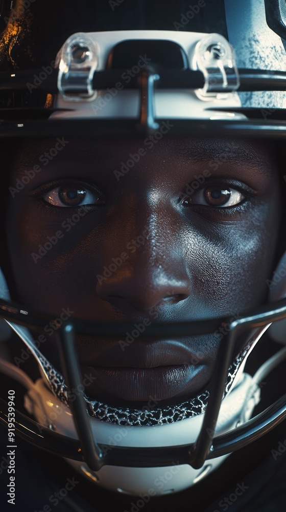 Black football helmet in a closeup with faceguard details Black football helmet in a closeup with faceguard details
