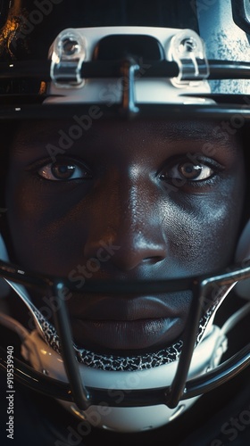 Black football helmet in a closeup with faceguard details photo