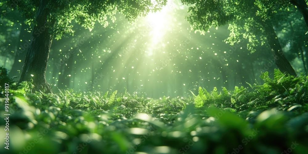 Obraz premium Sunbeams Through Lush Green Forest Undergrowth