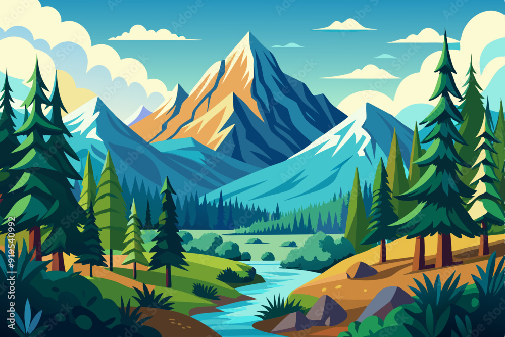 Hand drawn vector nature illustration with mountains and forest on first view art vector illustrator Hand drawn vector nature illustration with mountains and forest on first view art vector illustrator