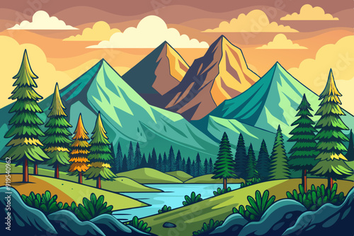 Hand drawn vector nature illustration with mountains and forest on first view art vector illustrator