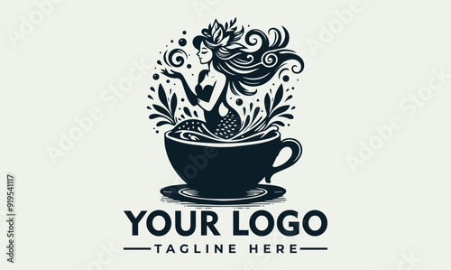 Mermaid with long hair and a tail, in a cup, vector logo Mermaid in cup with long hair, tail, surrounded by swirling black and white designs. Suitable for fantasythemed designs and products.