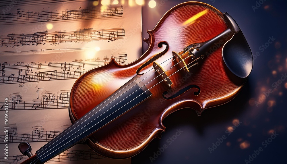 Fototapeta premium Elegant violin resting on a music sheet