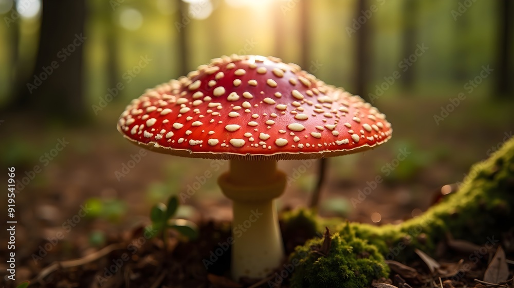 Close-up of Amanita muscaria mushroom with a bright red cap Close-up of Amanita muscaria mushroom with a bright red cap