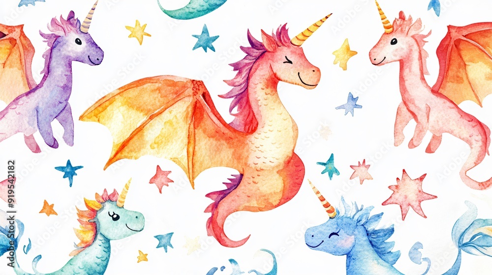 Naklejka premium How about this: Watercolor illustration of a cute horse, inspired by safari and cartoon themes, featuring animals like giraffes and dinosaurs