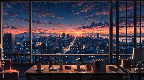 A Beautiful View of the City Sunset from an Open Window with Books