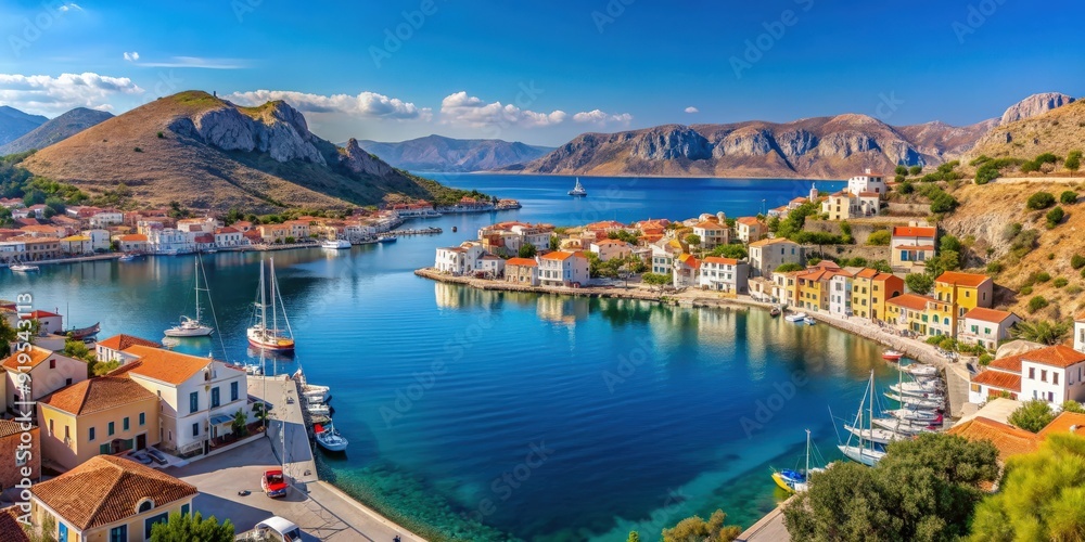 Obraz premium Panoramic view of Megisti harbour and sea port in Kastellorizo, Dodecanese, Greece , Kastellorizo, Greek island