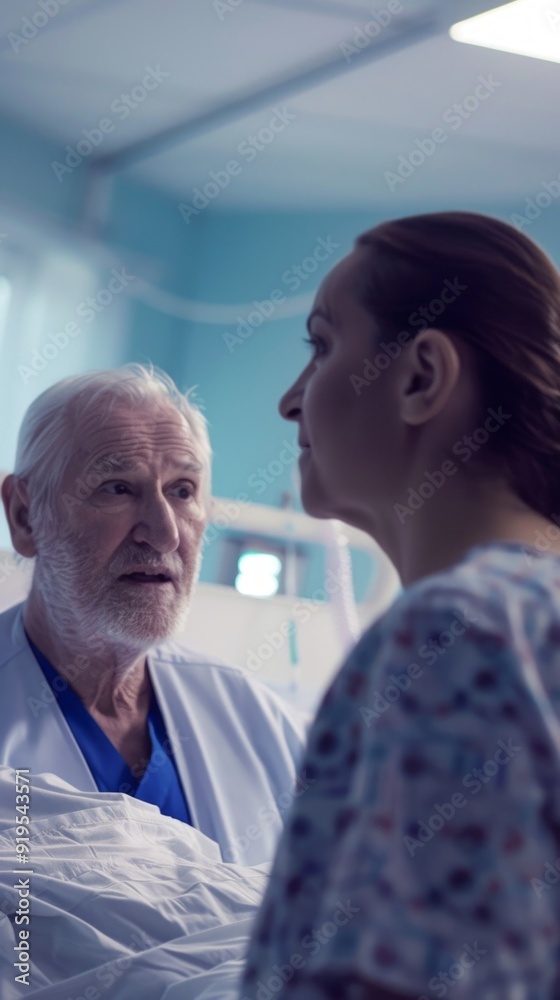 Fototapeta premium An elderly doctor in white coat talks to a woman in hospital gown. Serious discussion in hospital setting with concerned expressions.