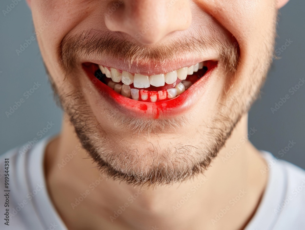 Close-up of a persons mouth showing bleeding gums and damaged teeth, highlighting dental health concerns and potential injuries Close-up of a persons mouth showing bleeding gums and damaged teeth, highlighting dental health concerns and potential injuries