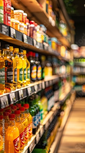 Aisle in a grocery shop with shelves stocked with drinks: soda and juice in different colours and bottles, neatly arranged horizontally and vertically, creating a visually appealing display.