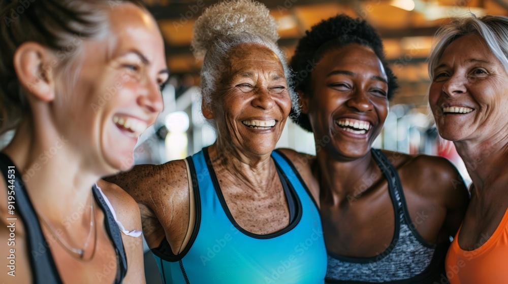Smiling group older of friends in sportswear laughing together while standing arm in arm in a gym after a workout, senior, healthy, friendship, adult, exercising, together, lifestyles Smiling group older of friends in sportswear laughing together while standing arm in arm in a gym after a workout, senior, healthy, friendship, adult, exercising, together, lifestyles