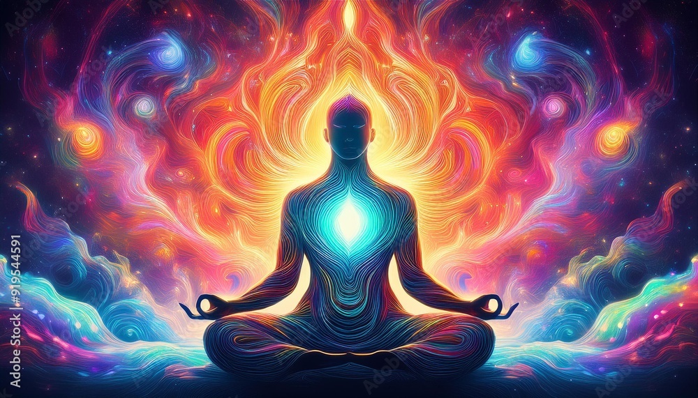 ethereal digital illustration of a meditating figure surrounded by swirling colorful aura energy blending spiritual symbolism with abstract elements in a dreamy cosmic setting
