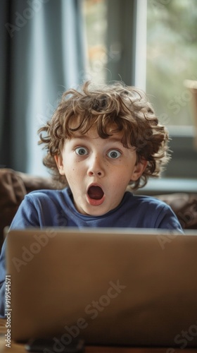 A young boy with curly hair, in a blue t-shirt, sits on a couch in front of a laptop, looking shocked with eyes wide open, conveying surprise and excitement.