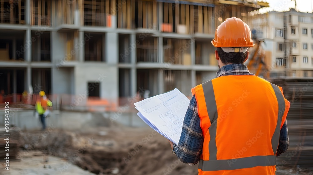 21. A construction manager reviewing blueprints on a building site 21. A construction manager reviewing blueprints on a building site