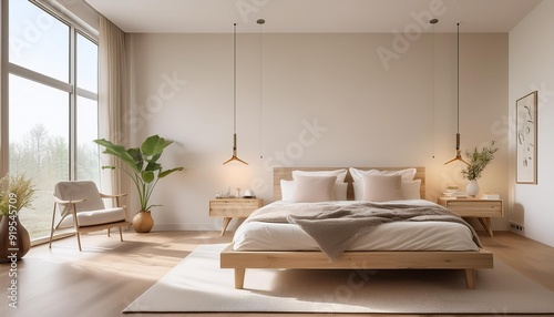 ethereal modern bedroom with soft beige tones minimalist decor and a serene atmosphere large empty white wall for art wooden bed frame with plush pillows ambient lighting