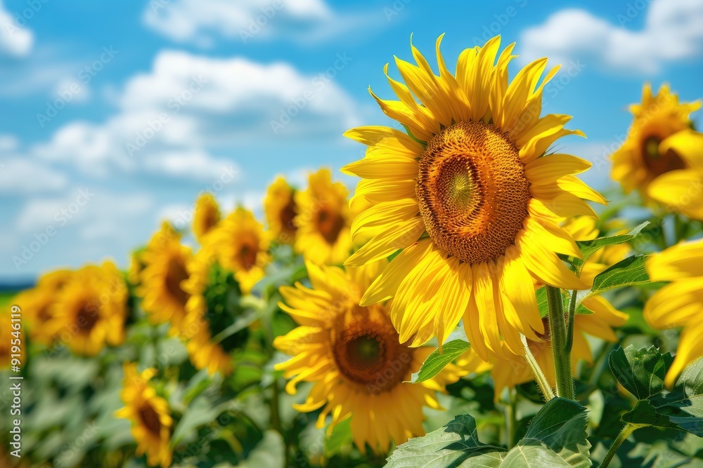 Vibrant sunflowers bloom in a field under a bright blue sky, showcasing nature's beauty and warmth during summertime. Vibrant sunflowers bloom in a field under a bright blue sky, showcasing nature's beauty and warmth during summertime.