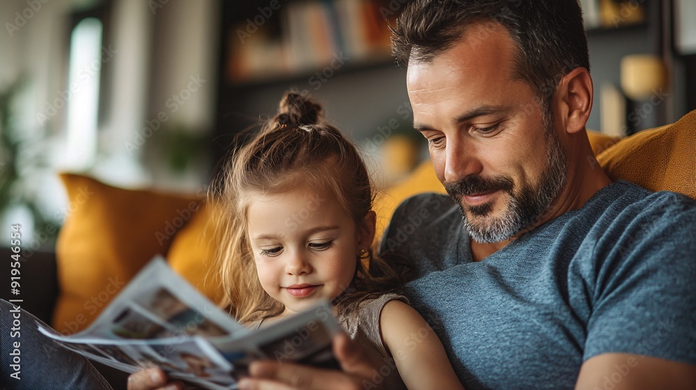 A father and his young daughter share a warm moment, happily exploring a photo album while sitting together on a cozy couch in their living room A father and his young daughter share a warm moment, happily exploring a photo album while sitting together on a cozy couch in their living room