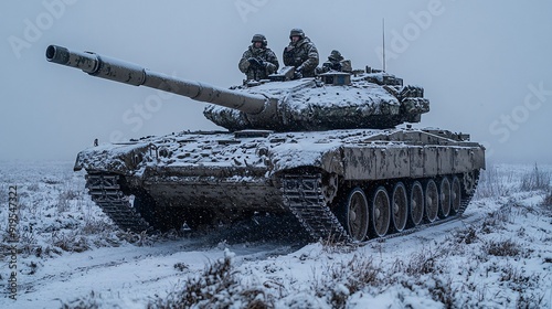 A military tank navigates a snow-covered terrain as soldiers operate it during a winter training exercise amidst cold weather conditions