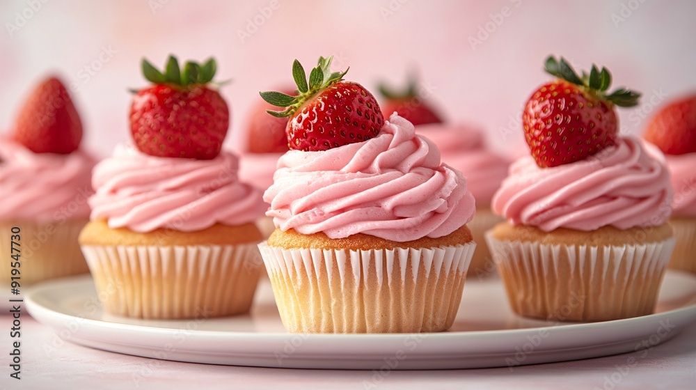 Delicious strawberry cupcakes topped with pink frosting and fresh strawberries are elegantly arranged on a white plate against a soft pastel backdrop Delicious strawberry cupcakes topped with pink frosting and fresh strawberries are elegantly arranged on a white plate against a soft pastel backdrop