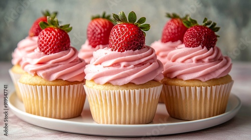 A plate of strawberry frosted cupcakes topped with fresh berries sits invitingly on a kitchen countertop, showcasing their delicious sweetness and vibrant colors