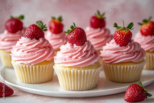 A selection of strawberry-topped cupcakes with pink frosting is beautifully arranged on a white platter, inviting sweetness and charm in a cozy kitchen environment