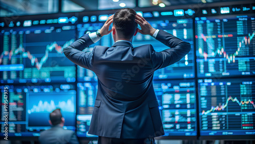 Stressed Businessman on Modern Financial Trading Floor Surrounded by Stock Charts and Financial Data