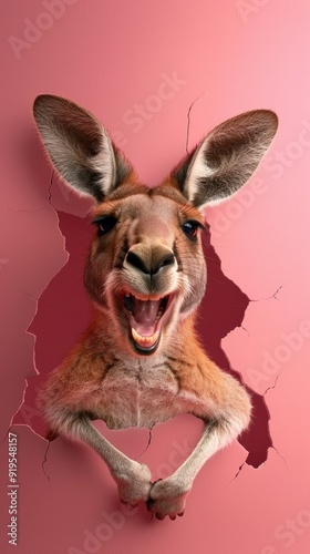 A kangaroo with a big smile looks out from a hole in a pink wall.