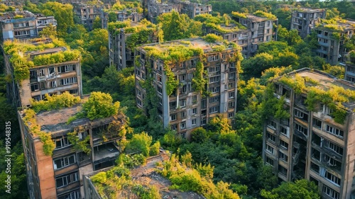 Aerial view of overgrown abandoned city. Ruined skyscrapers in post apocalyptic cityscape. Dystopian urban landscape. War aftermath concept, apocalypse. 