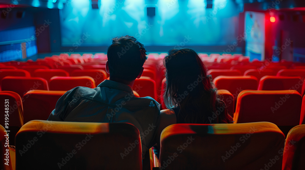 Happy couple enjoying a movie in a cozy cinema setting, focused on the screen. Happy couple enjoying a movie in a cozy cinema setting, focused on the screen.