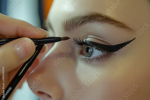 A makeup artist carefully applying eyeliner on a model’s eyes during a beauty tutorial in a well-lit studio photo