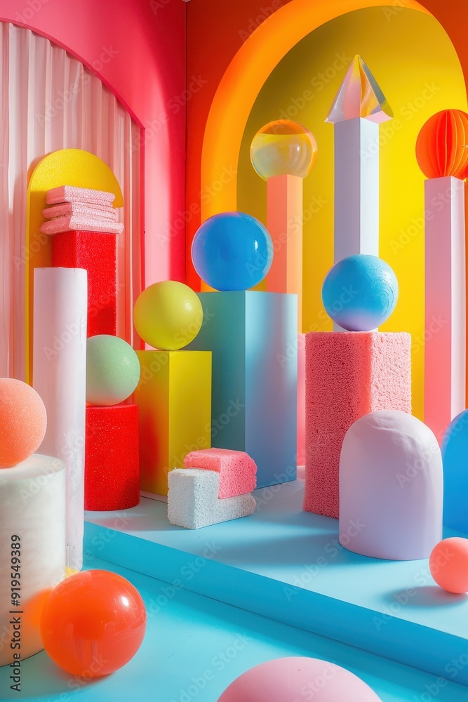 Vibrant Geometric Shapes Playfully Arranged in Three-Dimensional Composition Vibrant Geometric Shapes Playfully Arranged in Three-Dimensional Composition