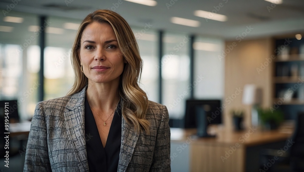 Portrait of a professional woman in a suit. Business woman standing in an office Portrait of a professional woman in a suit. Business woman standing in an office