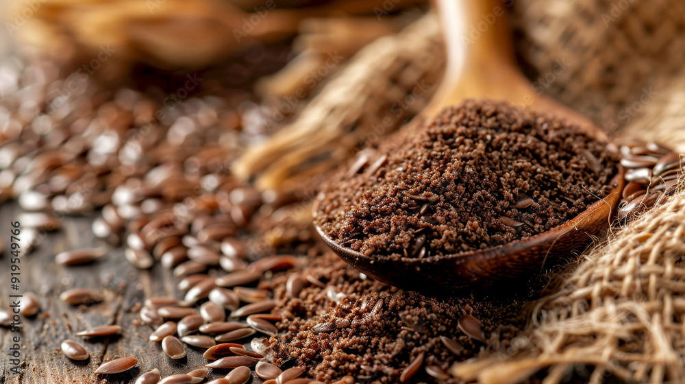 Close-up, flax seeds in a wooden spoon with a slide, ground flax seeds on a wooden table. Omega-3 fatty acid ALA, lignans, fiber, antioxidant. Close-up, flax seeds in a wooden spoon with a slide, ground flax seeds on a wooden table. Omega-3 fatty acid ALA, lignans, fiber, antioxidant.